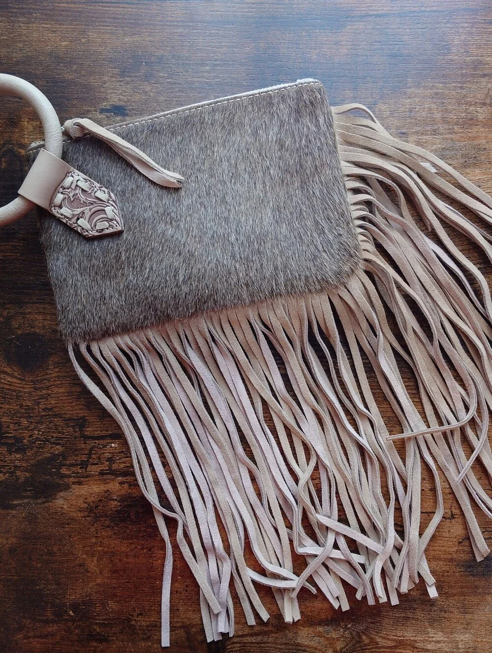 Trinity Ranch Western Hair-On Hide Fringe Ring Handle Clutch Bag